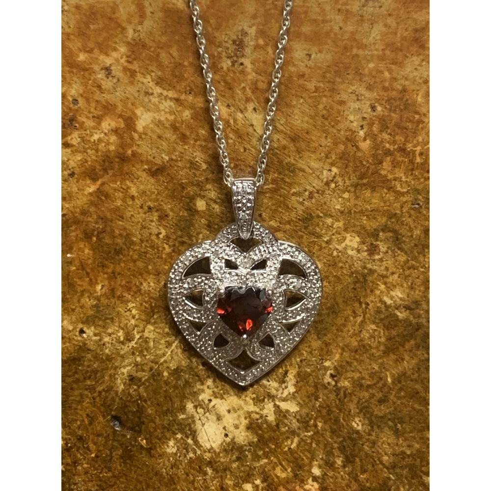 Sterling Silver, Heart Garnet and Diamond Necklace